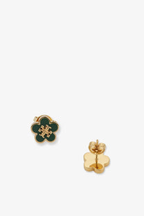 Tory burch women metal earrings gold with green enamel four-leaf clover studs and gold-tone metal frame featuring logo