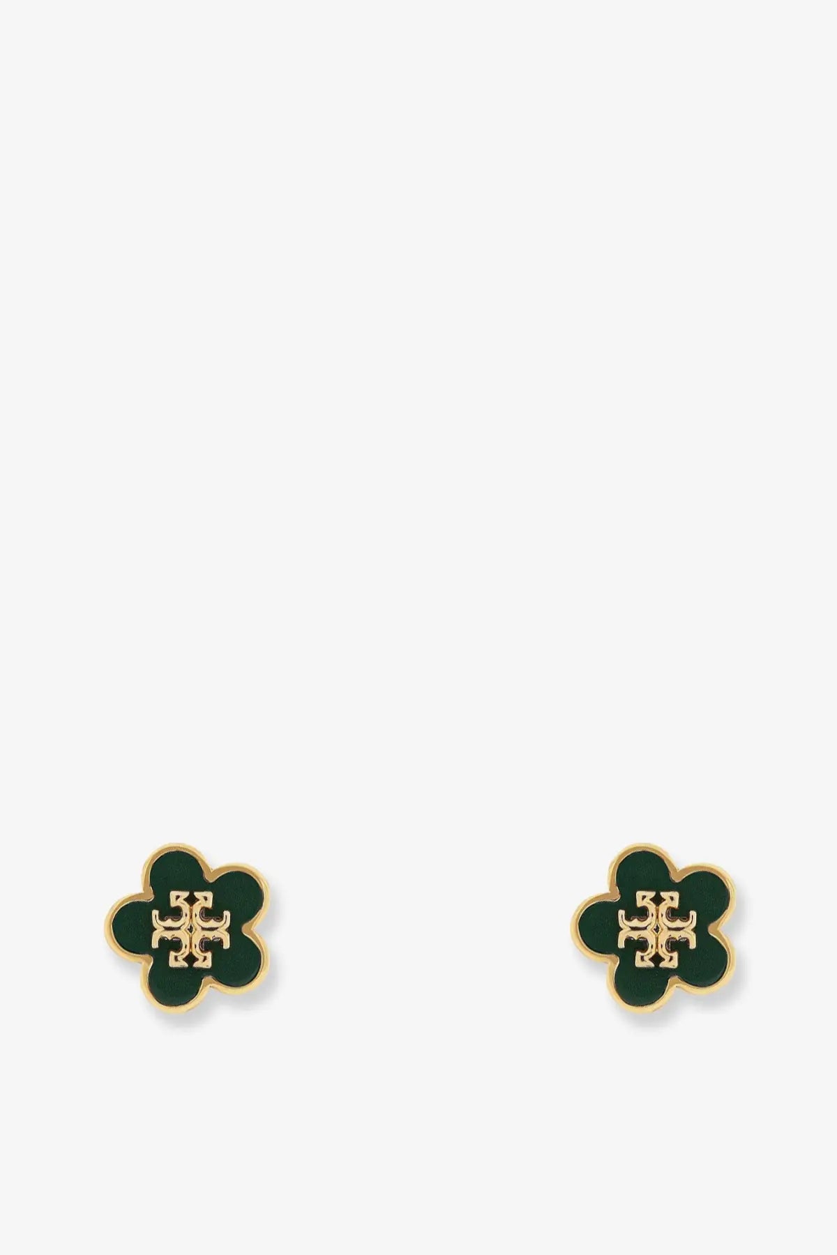 Tory Burch women’s green enamel four-petal flower stud earrings with gold-toned metal logo center