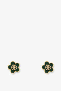 Tory Burch women’s green enamel four-petal flower stud earrings with gold-toned metal logo center