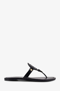 Black patent leather tory burch miller thong sandal with gold-tone logo clasp for women