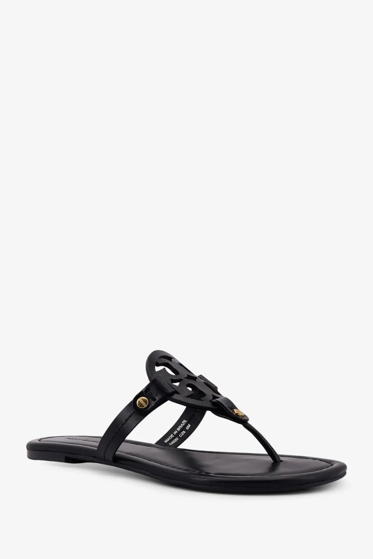 Black leather Tory Burch Miller thong sandal with gold tone hardware for women