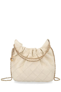 Tory burch women’s mini fleming cream-colored quilted leather handbag with gold chain strap and drawstring closure