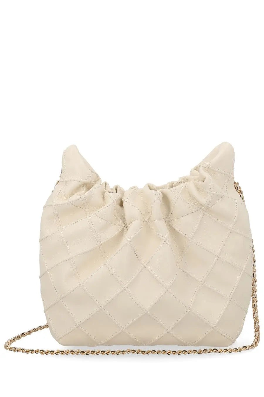 Tory Burch women’s mini Fleming bag beige cream-colored quilted leather crossbody with gold-tone chain strap