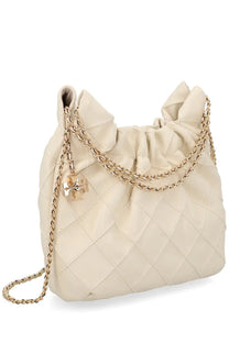 Cream-colored quilted leather hobo bag with gold-tone chain strap and Tory Burch signature logo charm in beige