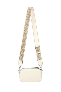 Cream-colored leather Tory Burch women mini miller shoulder bag with patterned strap featuring logo motifs