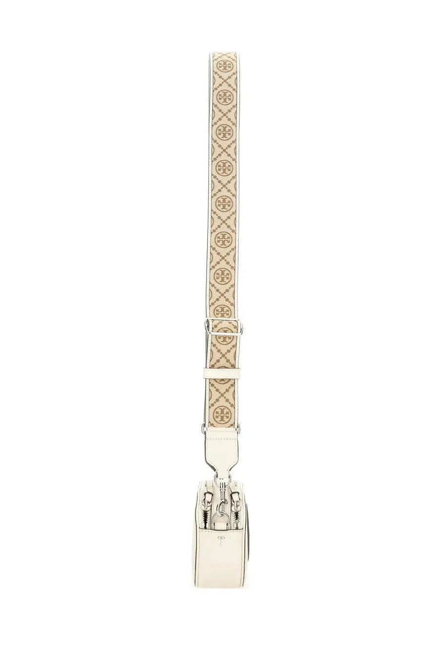 Cream-colored leather tory burch mini miller shoulder bag with monogram strap and silver-tone hardware