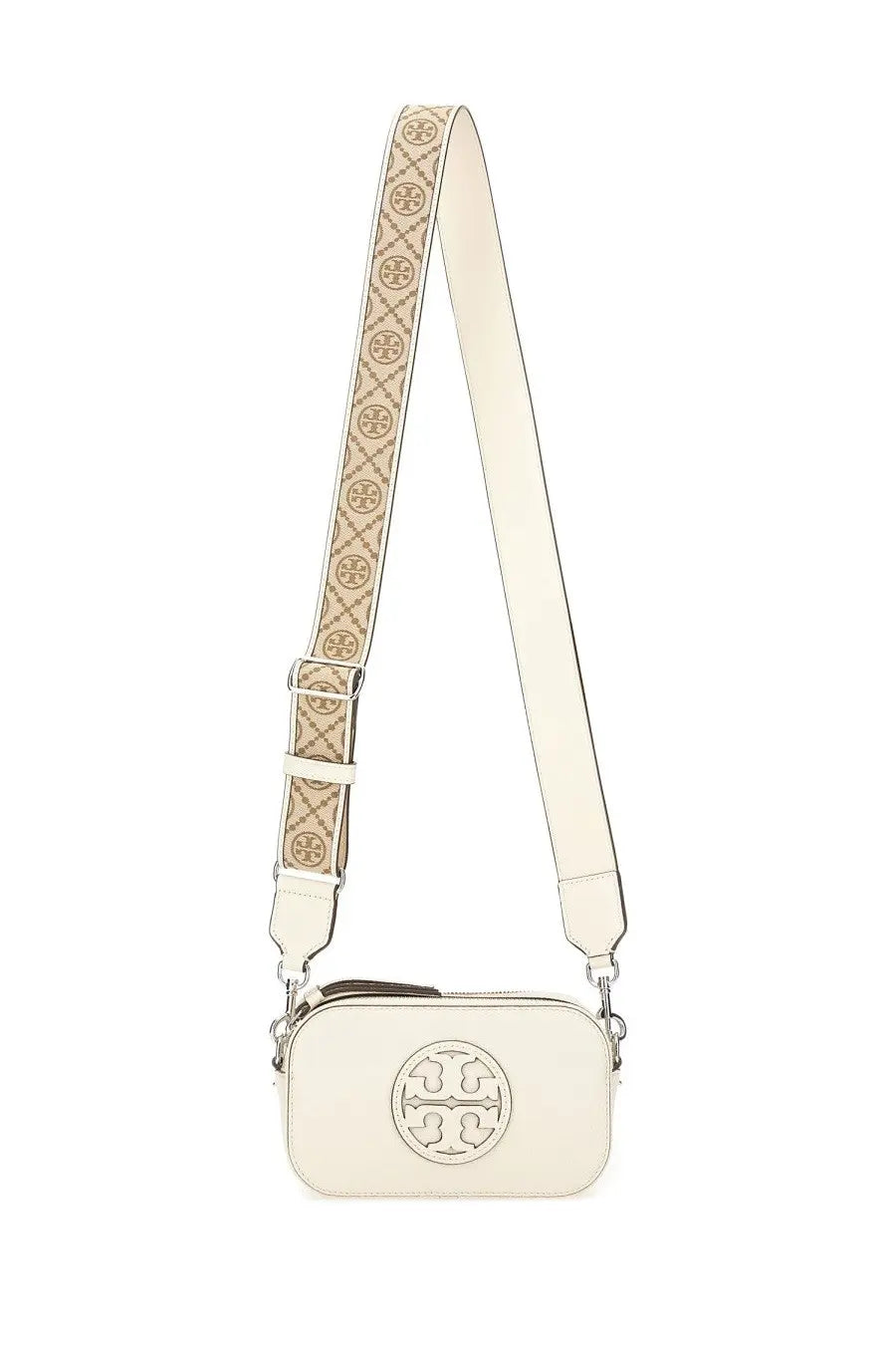 Cream-colored leather Tory Burch women’s mini Miller crossbody bag with monogram strap and circular logo emblem on front