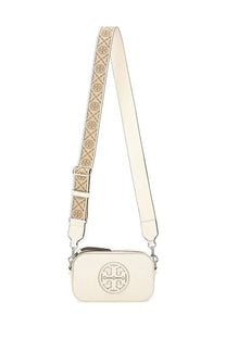 Cream-colored leather Tory Burch women’s mini Miller crossbody bag with monogram strap and circular logo emblem on front