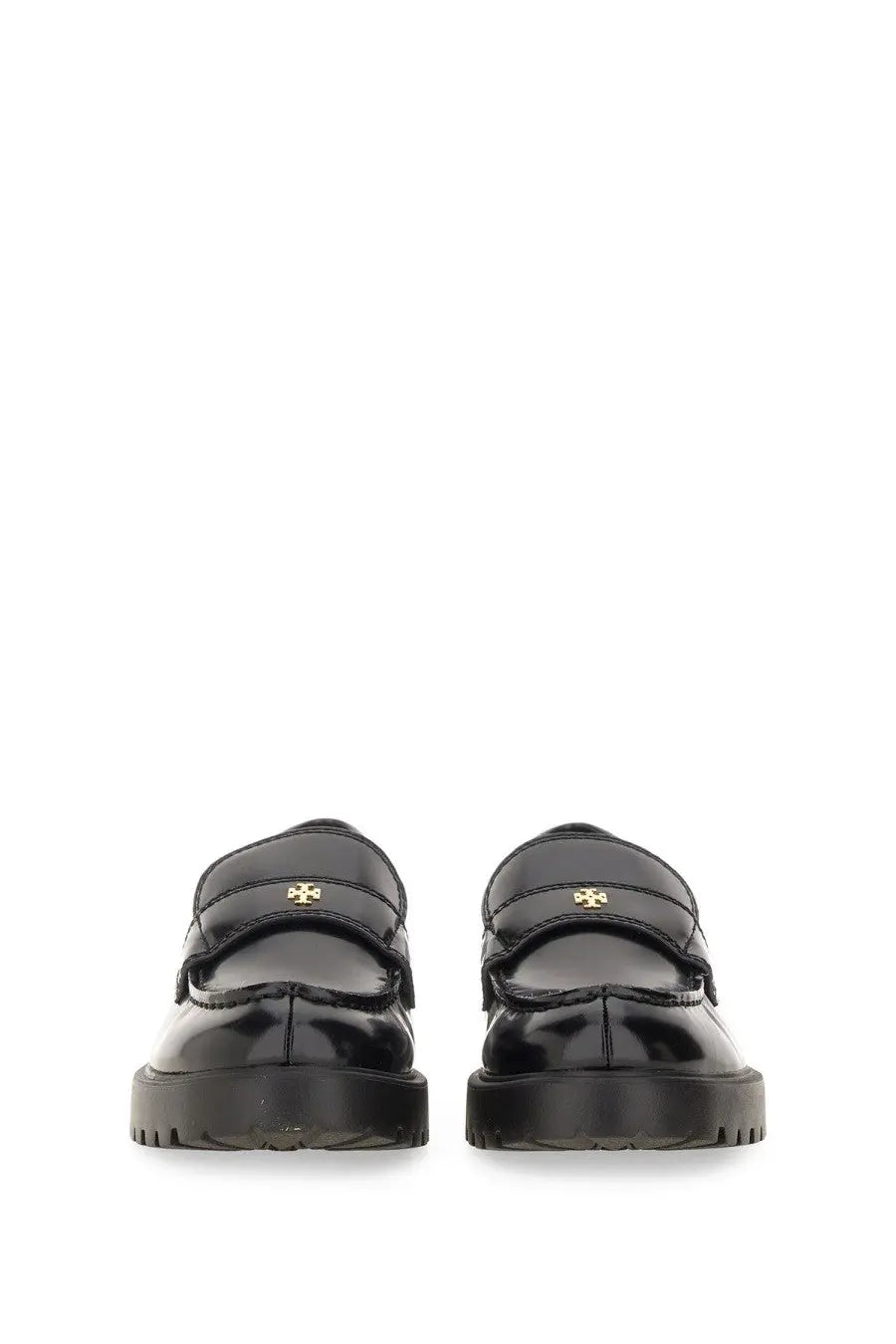 Tory Burch women’s mocassino classico black patent leather loafers with gold-tone logo and chunky rubber soles
