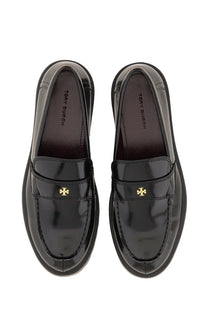 Tory burch women’s mocassino classico black patent leather loafers with gold-tone logo on the front