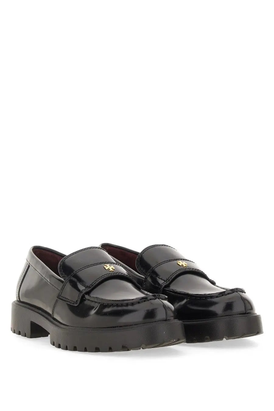 Tory Burch women’s mocassino classico black patent leather loafers with gold-tone logo on the strap
