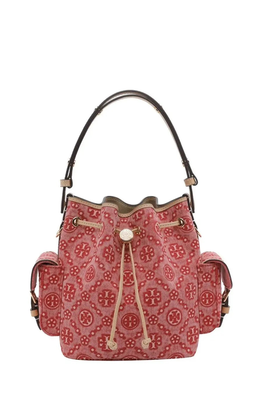Tory Burch women’s red canvas bucket bag with monogram logo pattern and black leather handles
