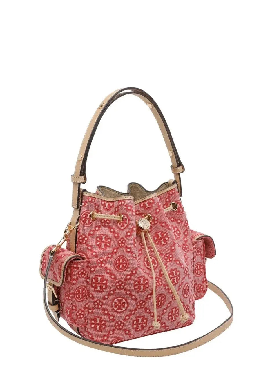Pink canvas tory burch women’s monogram bucket bag with red pattern and beige leather handles and trim