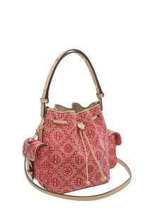 Pink canvas tory burch women’s monogram bucket bag with red pattern and beige leather handles and trim