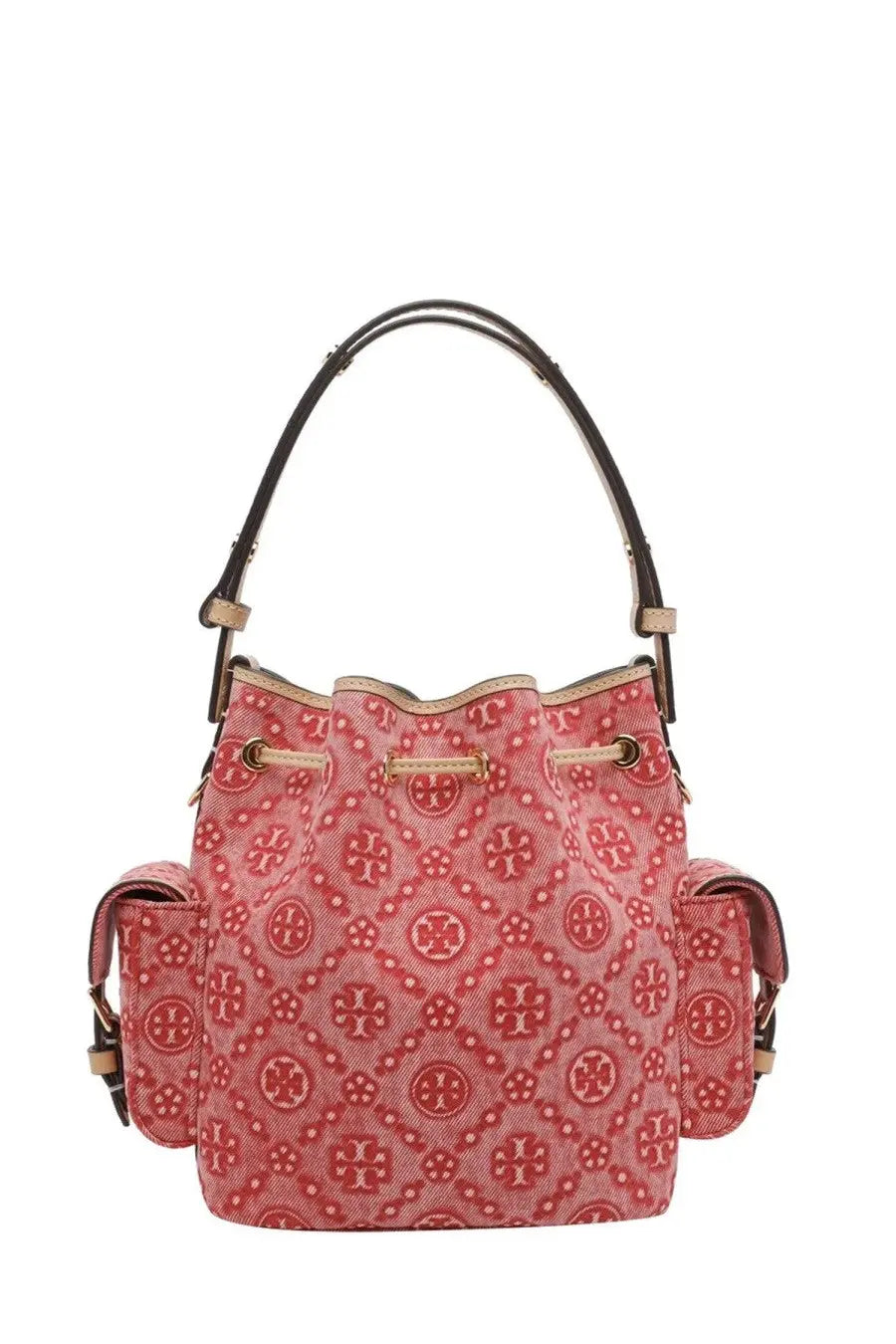 Tory Burch women’s monogram bucket bag in pink canvas with red logo pattern and black leather handles