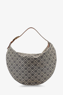 Beige and black patterned Tory Burch women’s monogram balloon jacquard fabric shoulder bag with curved design