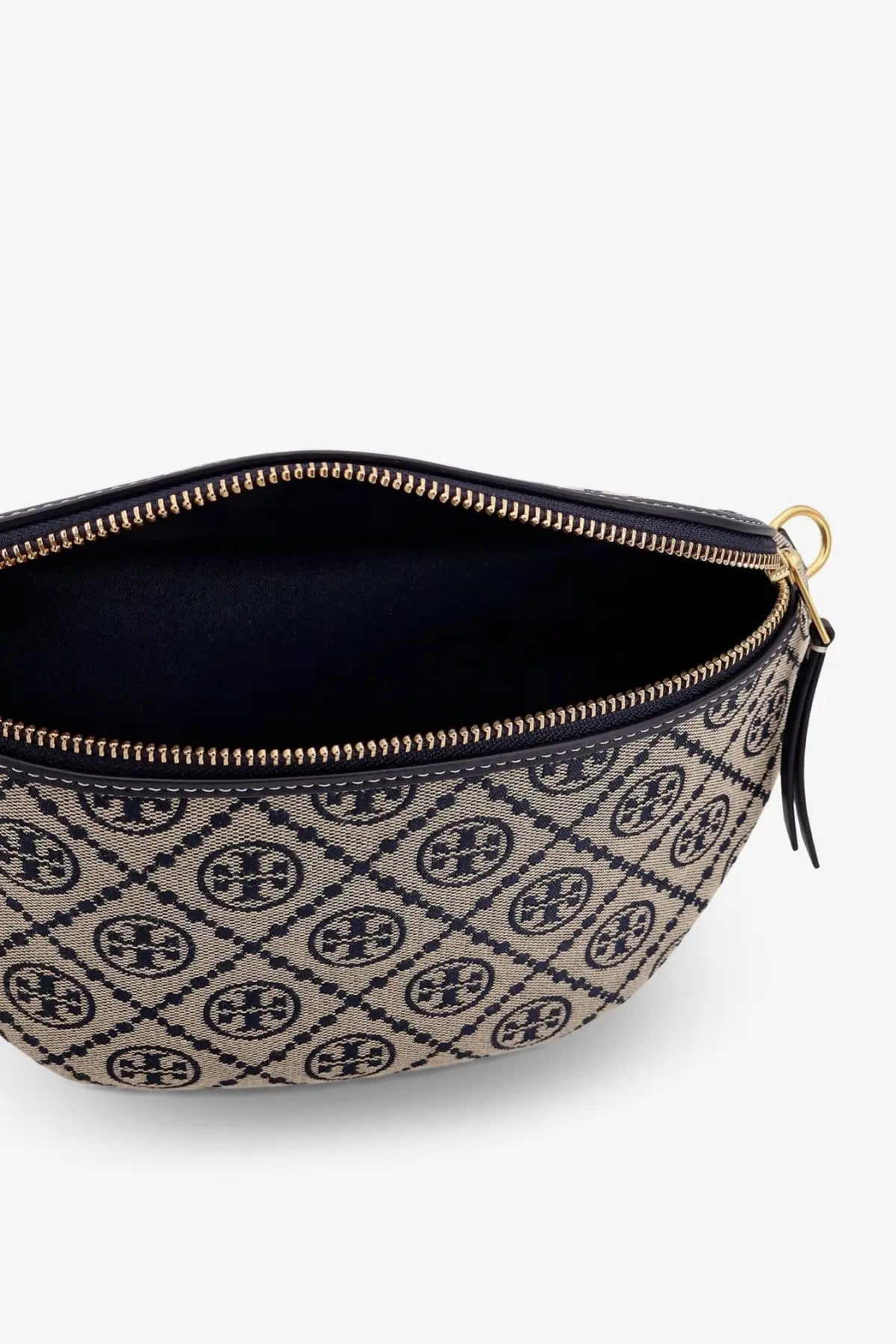 Tory burch women’s monogram belt bag blue beige and black patterned leather with gold-tone zipper