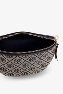 Tory burch women’s monogram belt bag blue beige and black patterned leather with gold-tone zipper