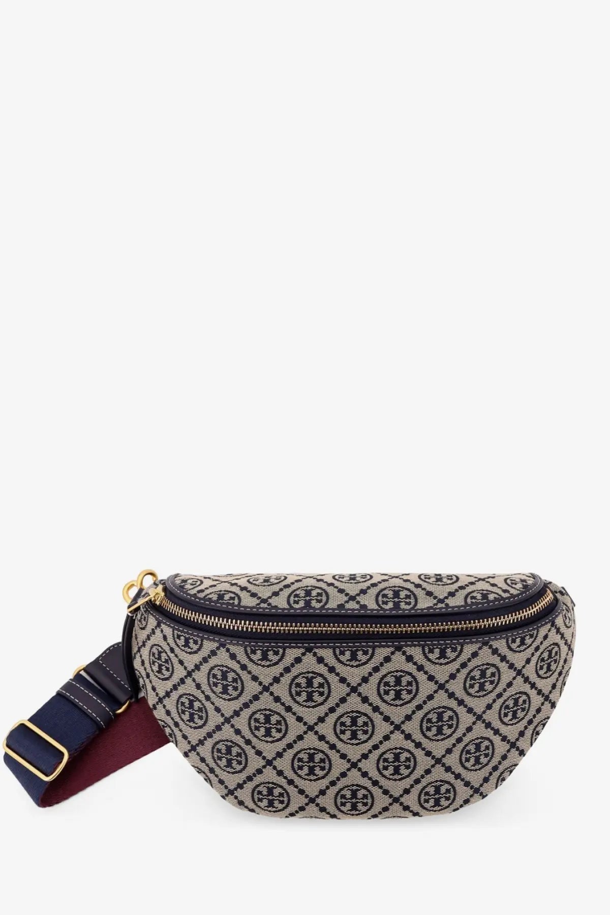 Beige and navy blue patterned tory burch women’s monogram belt bag with gold-tone hardware and leather details