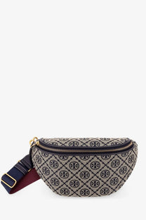 Beige and navy blue patterned tory burch women’s monogram belt bag with gold-tone hardware and leather details