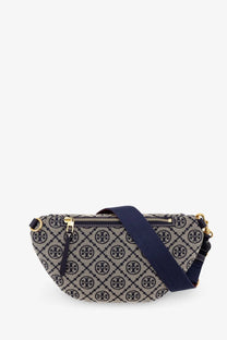 Tory Burch women’s navy blue and beige monogram waist bag with gold-tone hardware and adjustable belt strap