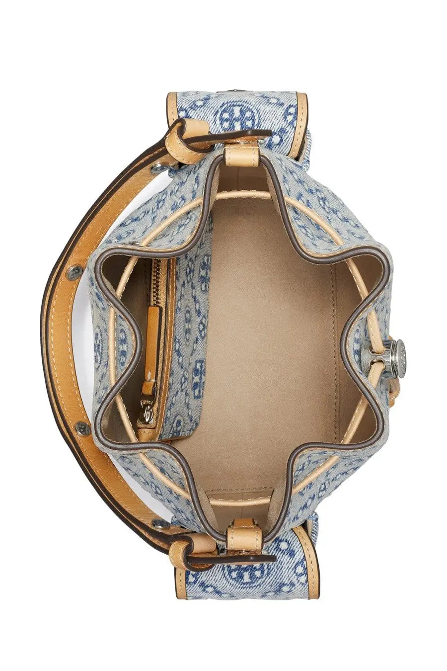 Tory burch women’s monogram bucket bag in blue and white patterned denim with tan leather trim