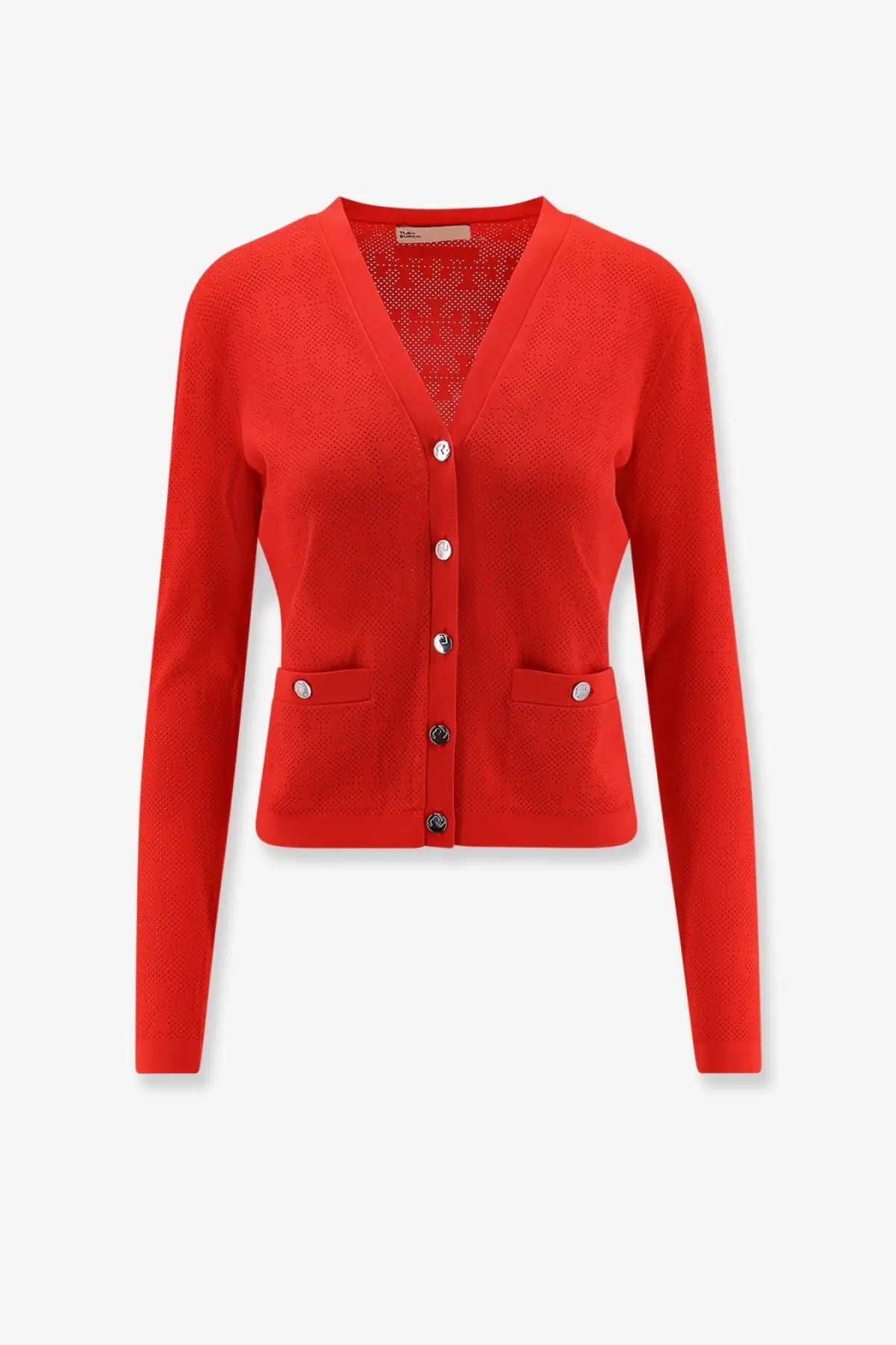 Vibrant red knitted Tory Burch women’s monogram jacquard viscose blend cardigan with v-neck and front button closure