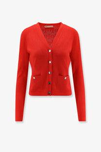 Vibrant red knitted Tory Burch women’s monogram jacquard viscose blend cardigan with v-neck and front button closure