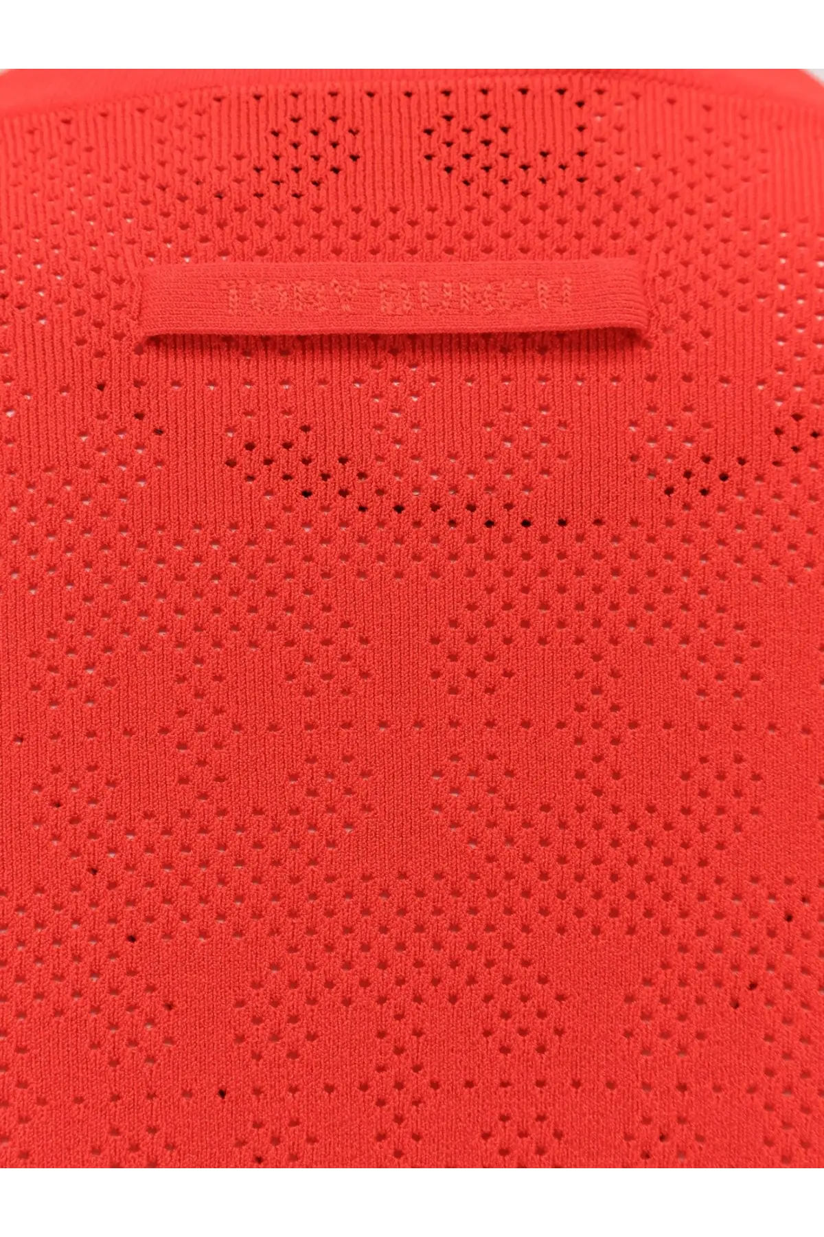 Bright red knitted top with perforated texture and neckline tag in tory burch womens monogram jacquard viscose blend cardigan
