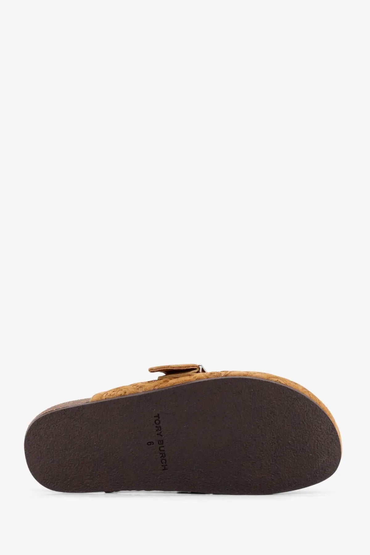 Tory Burch women’s monogram mellow jacquard brown suede mule with tan leather clog and brown rubber sole buckle detail