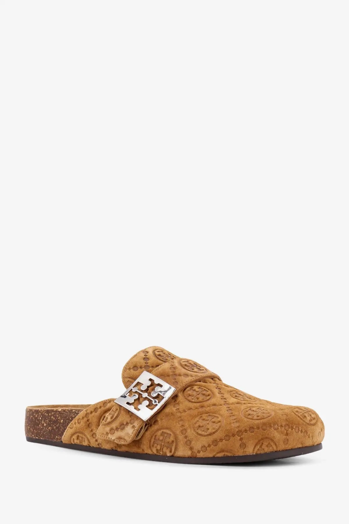 Tan suede Tory Burch women’s monogram mellow jacquard mule slip-on sandal with silver toned logo buckle