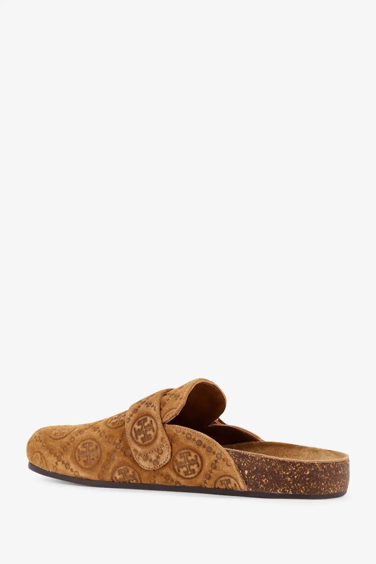 Tory Burch women’s tan suede mule slip-on with embossed logo and cork sole for casual wear