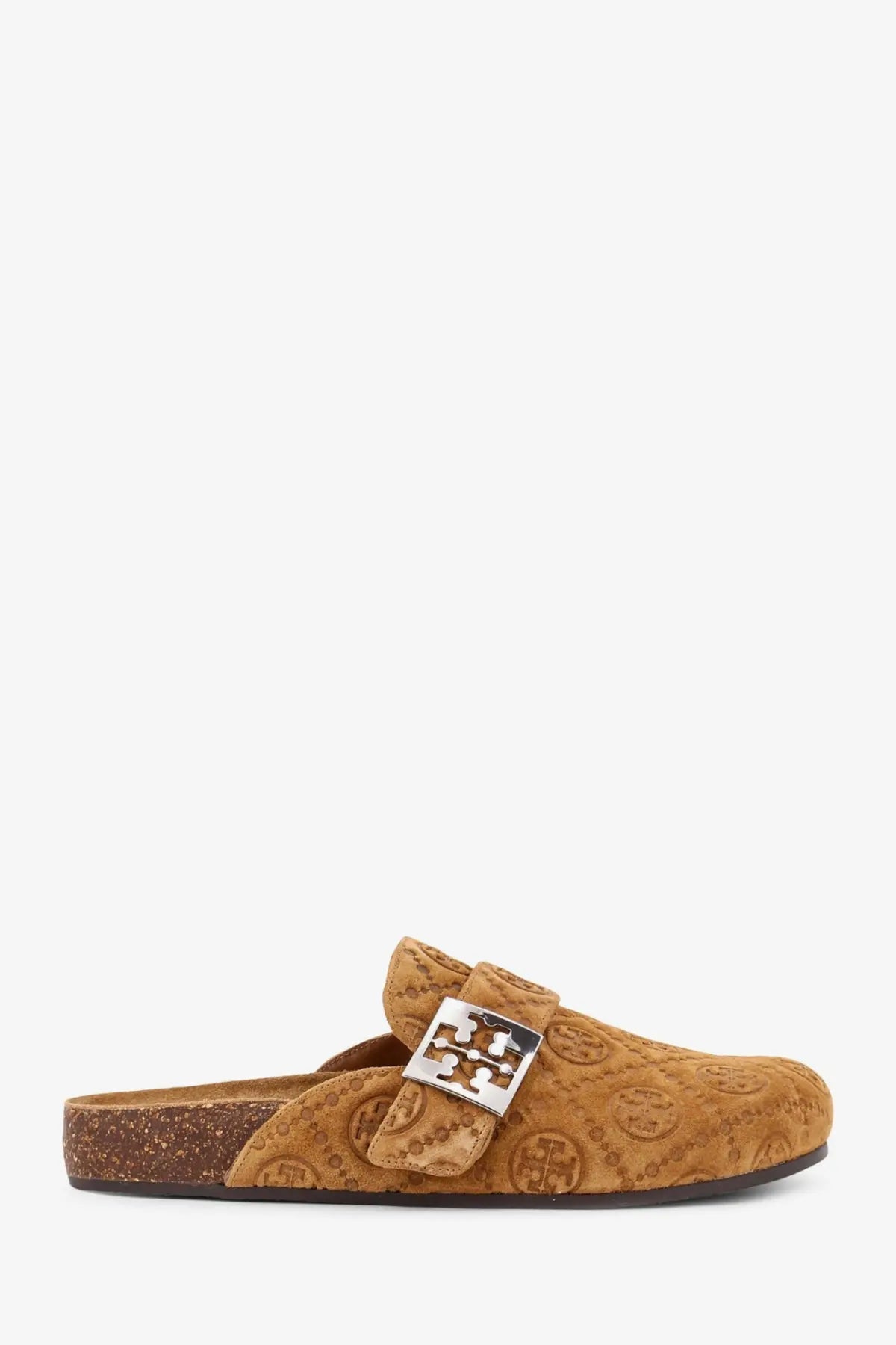 Tory Burch women’s brown suede mule with silver buckle and embossed logo pattern on the upper