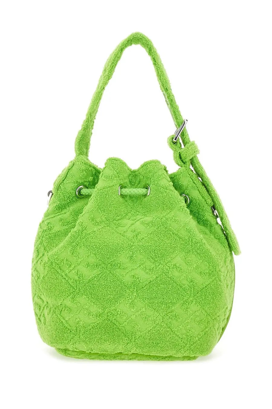 Tory Burch women’s monogram mini bucket bag green with bright lime green textured towel material and silver hardware