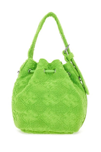 Tory Burch women’s monogram mini bucket bag green with bright lime green textured towel material and silver hardware