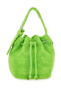 Tory Burch women’s monogram mini bucket bag in bright lime green textured material with woven handle and silver hardware