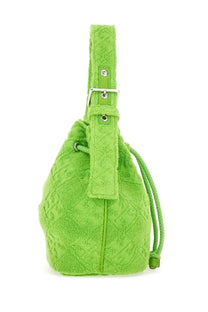 Tory Burch women’s monogram mini bucket bag green vibrant lime green textured fabric with matching drawstring closure and silver hardware