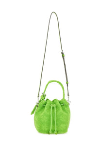 Vibrant lime green textured Tory Burch women’s monogram mini bucket bag with drawstring closure and adjustable strap