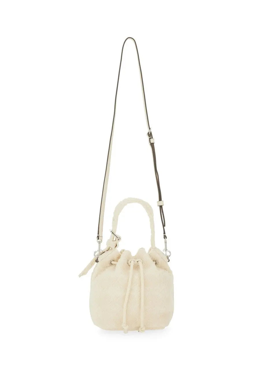 Tory Burch women’s monogram mini bucket bag in cream faux fur with drawstring closure and adjustable strap