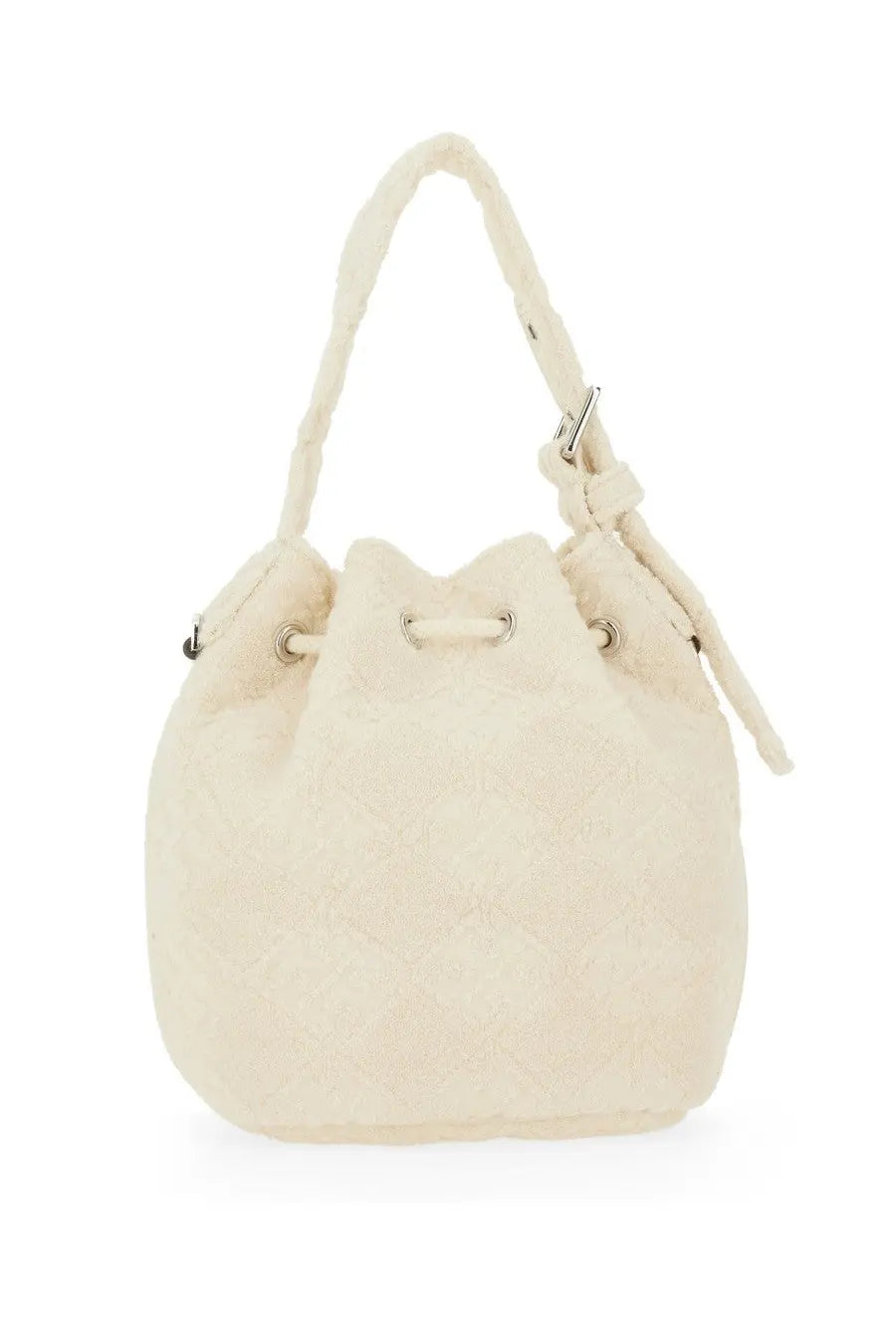 Tory Burch women’s monogram mini bucket bag white cream fuzzy with drawstring closure and adjustable shoulder strap