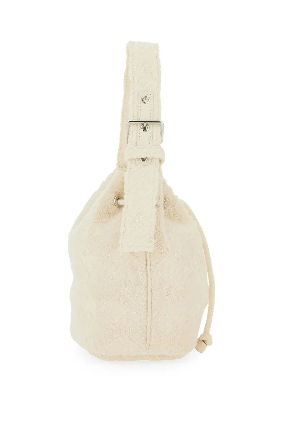 Tory Burch women’s monogram mini bucket bag in cream fuzzy material with adjustable strap and silver buckle