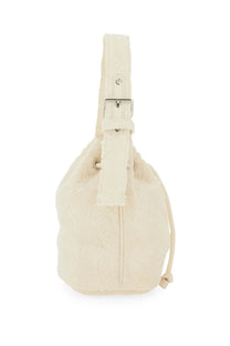 Tory Burch women’s monogram mini bucket bag in cream fuzzy material with adjustable strap and silver buckle