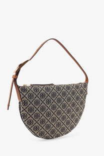 Beige and black patterned tory burch womens monogram small balloon shoulder bag with tan leather strap
