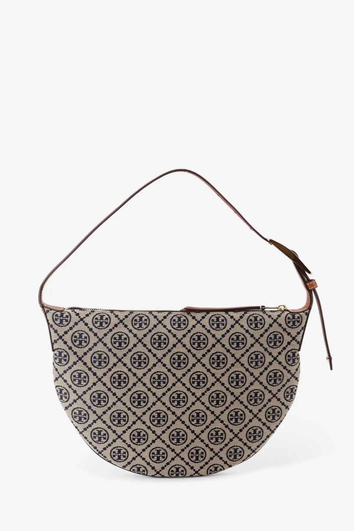 Beige and black patterned Tory Burch women’s monogram small balloon shoulder bag with curved silhouette in blue