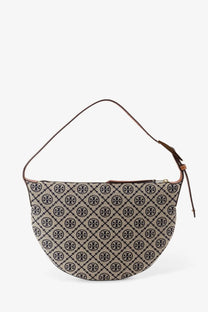 Beige and black patterned Tory Burch women’s monogram small balloon shoulder bag with curved silhouette in blue