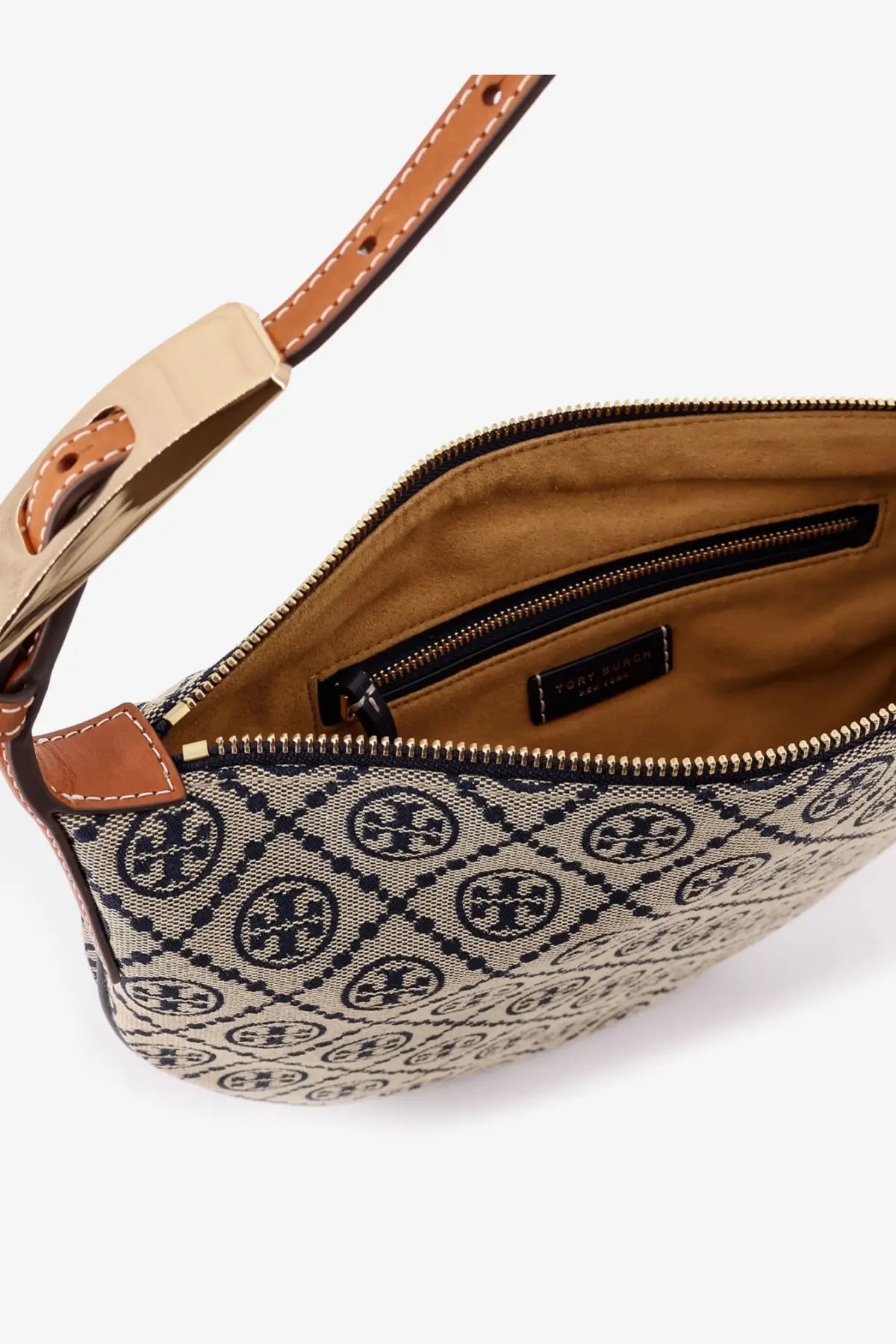 Tory Burch women’s monogram small balloon shoulder bag in beige and black with tan leather accents crossbody style
