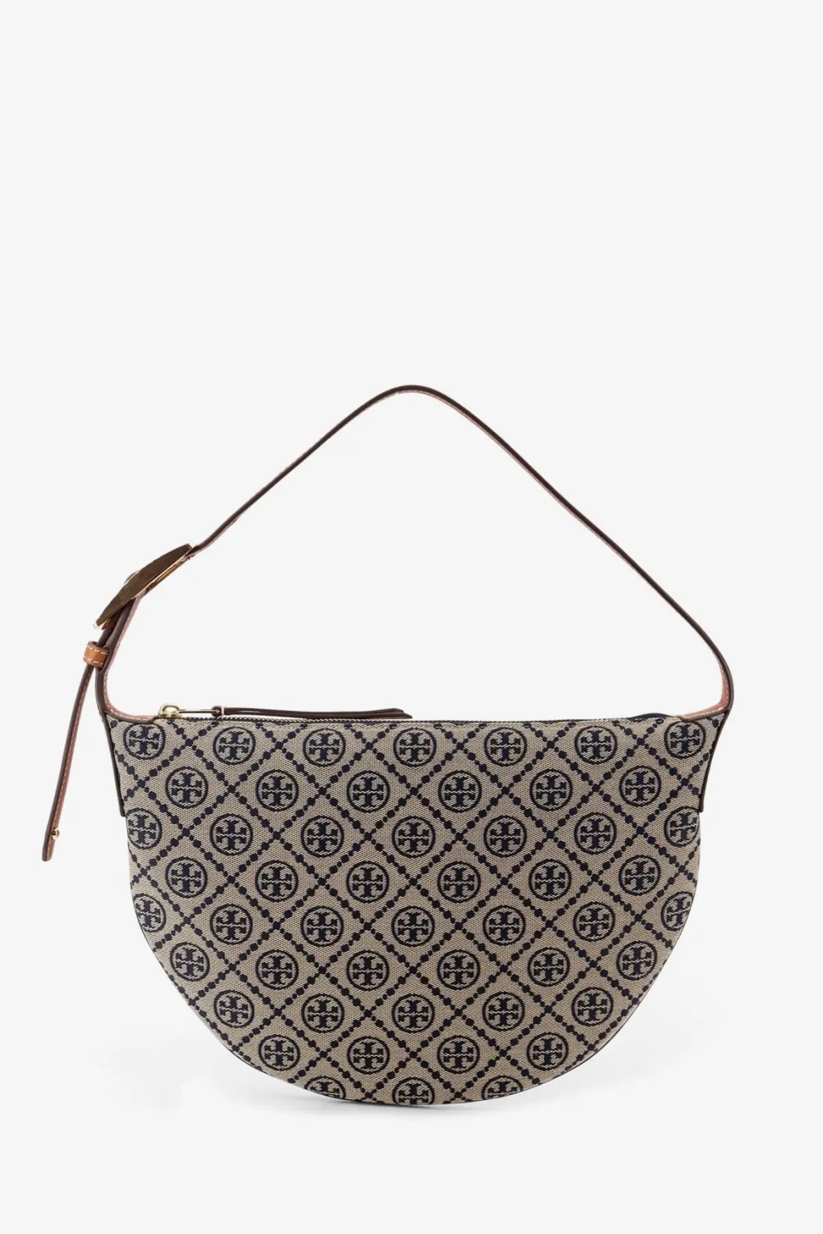Beige and black patterned tory burch shoulder bag with repeating logo design from the monogram small balloon collection