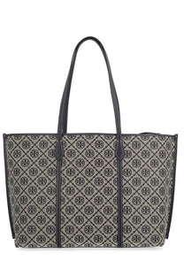 Tory Burch women’s monogram tote bag in black and beige with leather handles and repeating pattern