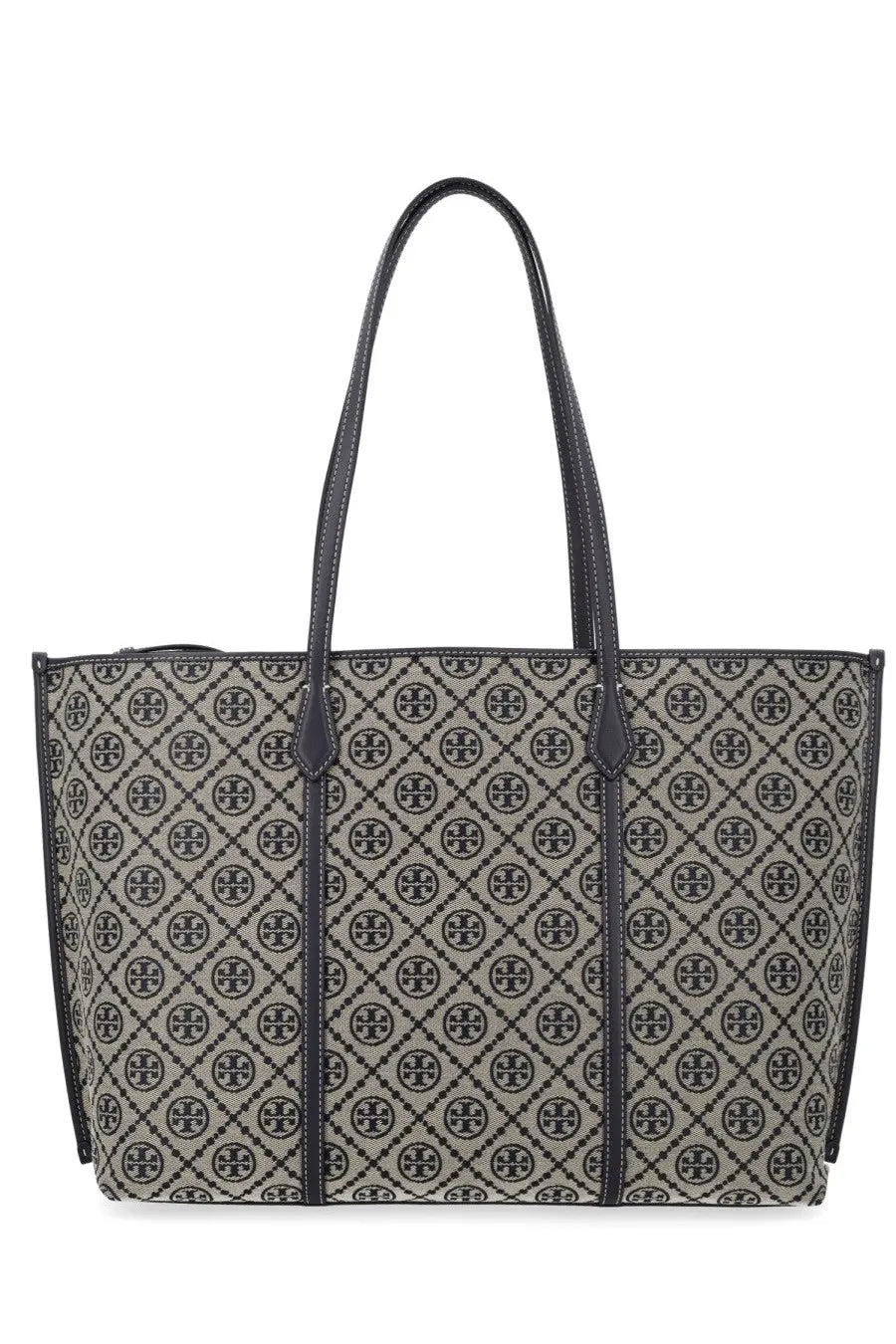 Tory Burch women’s monogram tote bag in black and beige with dark leather handles and repeating pattern