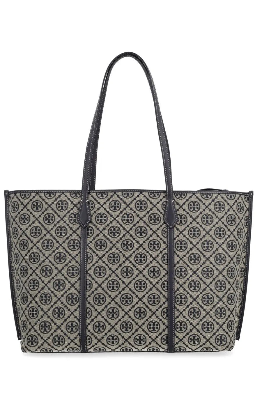 Tory Burch women’s tote bag in beige and black monogram pattern with leather handles